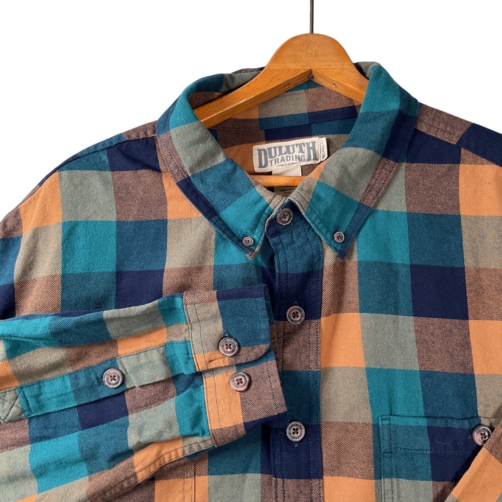 Duluth Trading Co Button Down Mens 2XL Tall Teal Orange Plaid Relaxed Fit Shirt